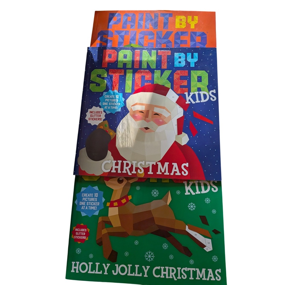 Workman Paint by Sticker Kids 3 Book Set Dinosaurs Christmas Holly Jolly Holiday